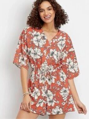Maurices Coral Floral V-Neck Romper Cover-Up